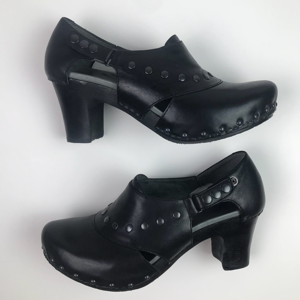 Dansko Black Leather Studded Clog Heels